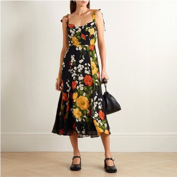 Reformation Dresses & Skirts - Reformation Nadira Midi Dress Louisa Floral Tie Straps Size 8 Black Vacay Beachy